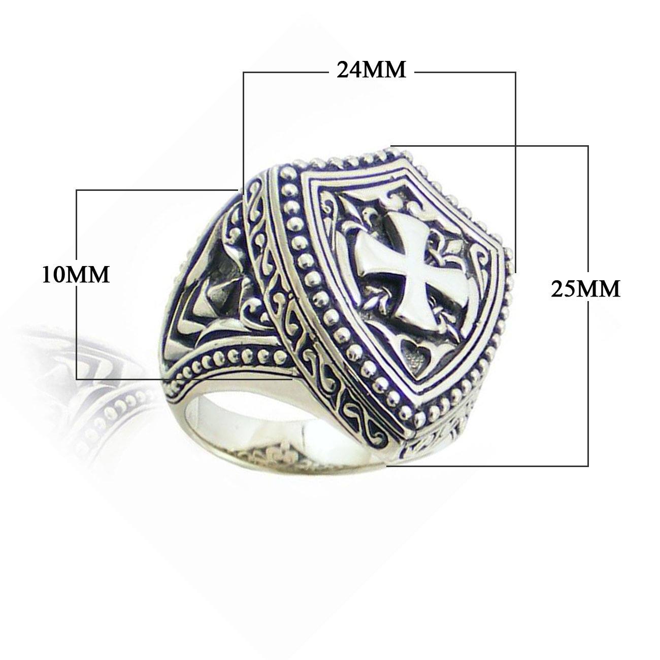 Silver Overlay Over Copper Shield Cross Warrior Ring With Medieval Carved Details.