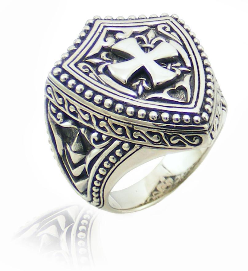 Silver Overlay Over Copper Shield Cross Warrior Ring With Medieval Carved Details.