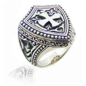Silver Overlay Over Copper Shield Cross Warrior Ring With Medieval Carved Details.