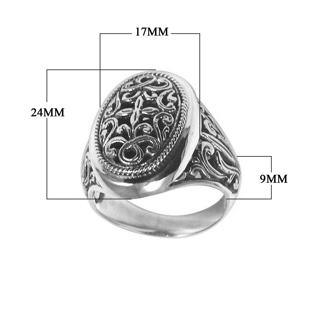 Silver Overlay Over Copper Oval Carved Balinese Ring With Artistic Swirl Engravings.