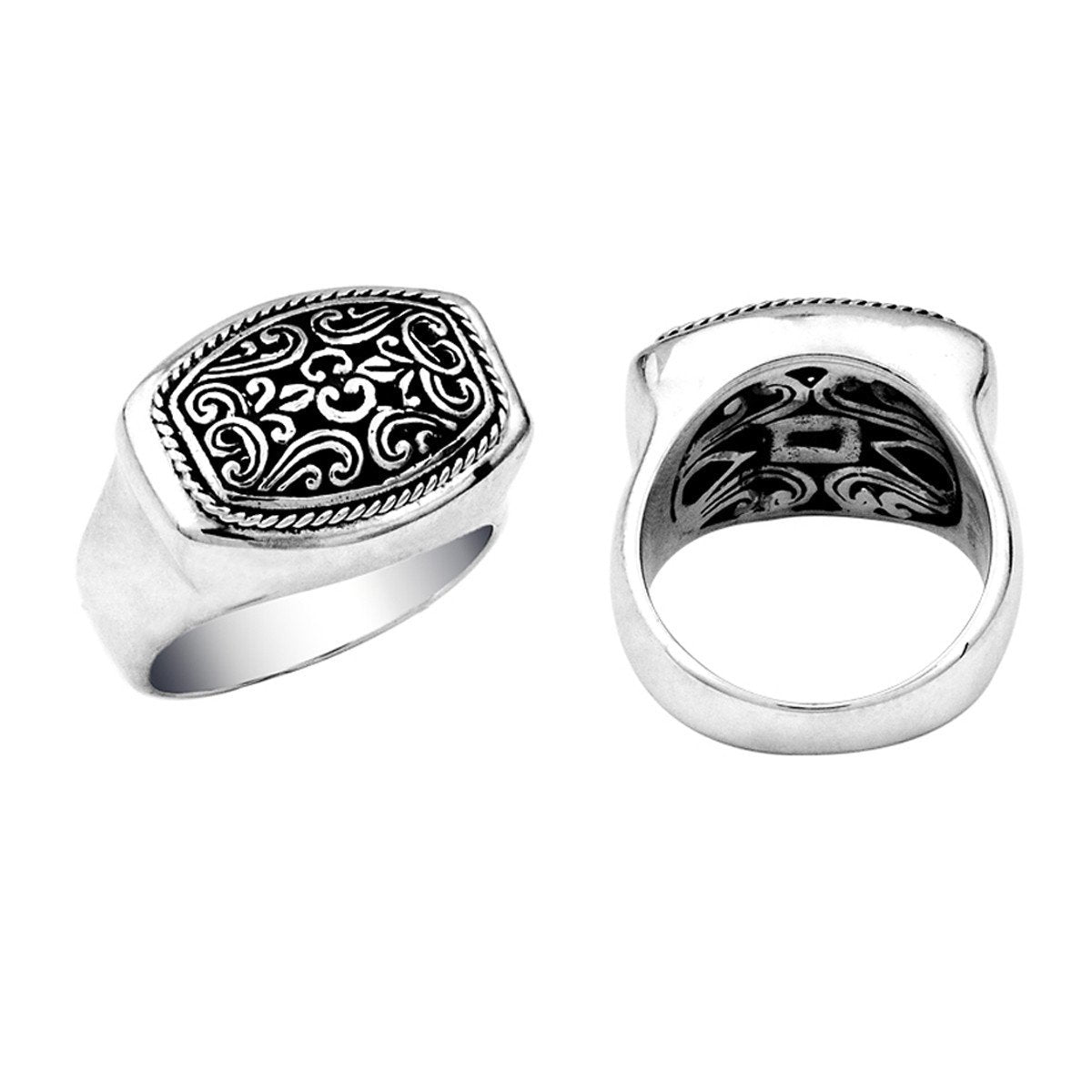 Silver Overlay Over Copper Rectangular Carved Balinese Signet Ring With Swirl Engravings.