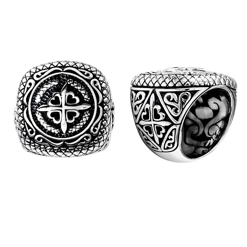 Silver Overlay Over Copper Compass Heart Carved Balinese Heritage Ring.