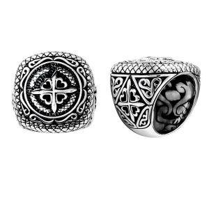 Silver Overlay Over Copper Compass Heart Carved Balinese Heritage Ring.