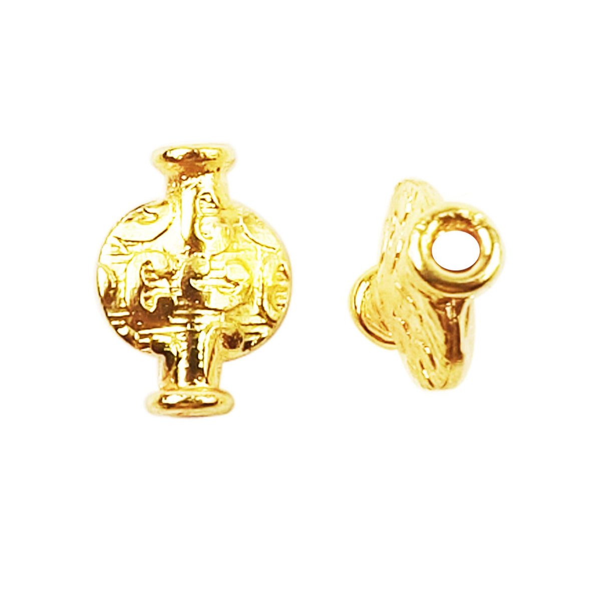 India-crafted textured mini vessel bead with 18K gold overlay and copper core for retail jewelry making.