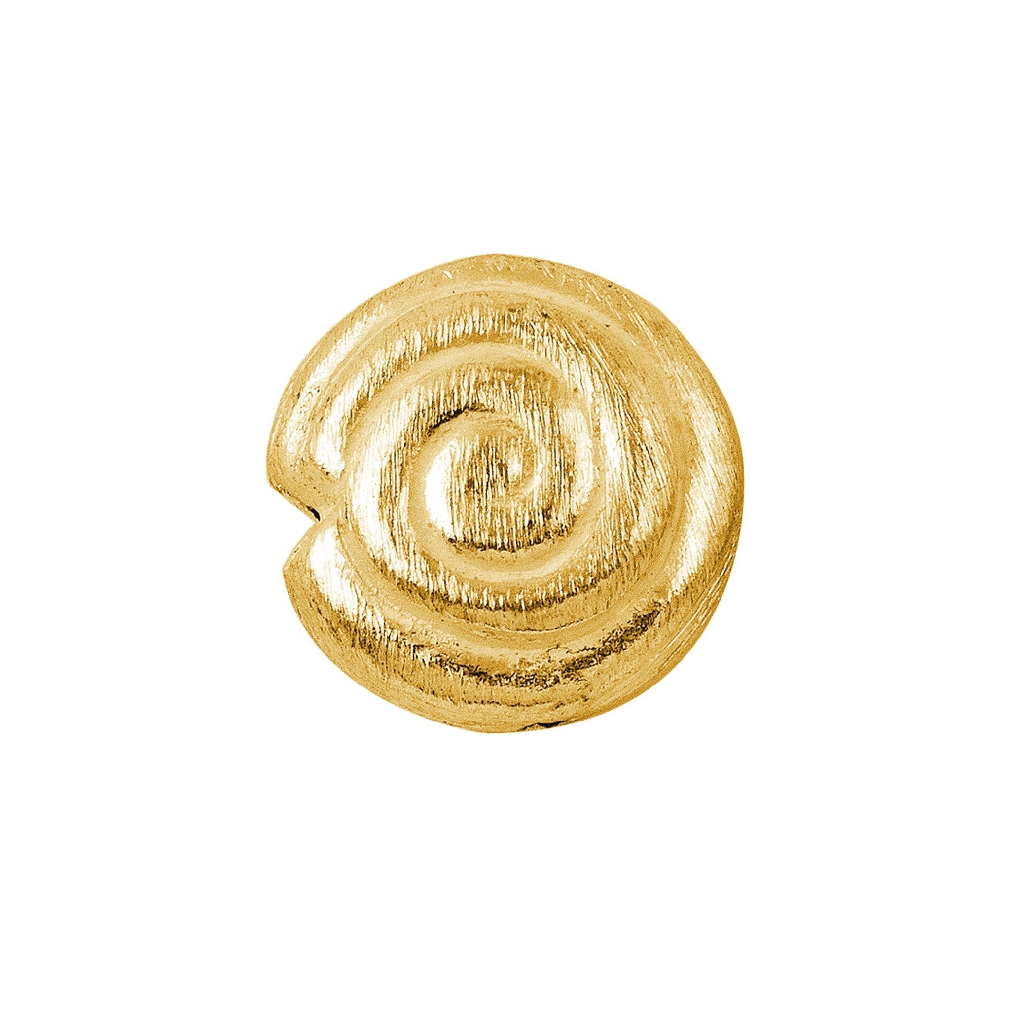 Handcrafted 18K gold overlay copper coin bead with brushed spiral design from India for jewelry making.