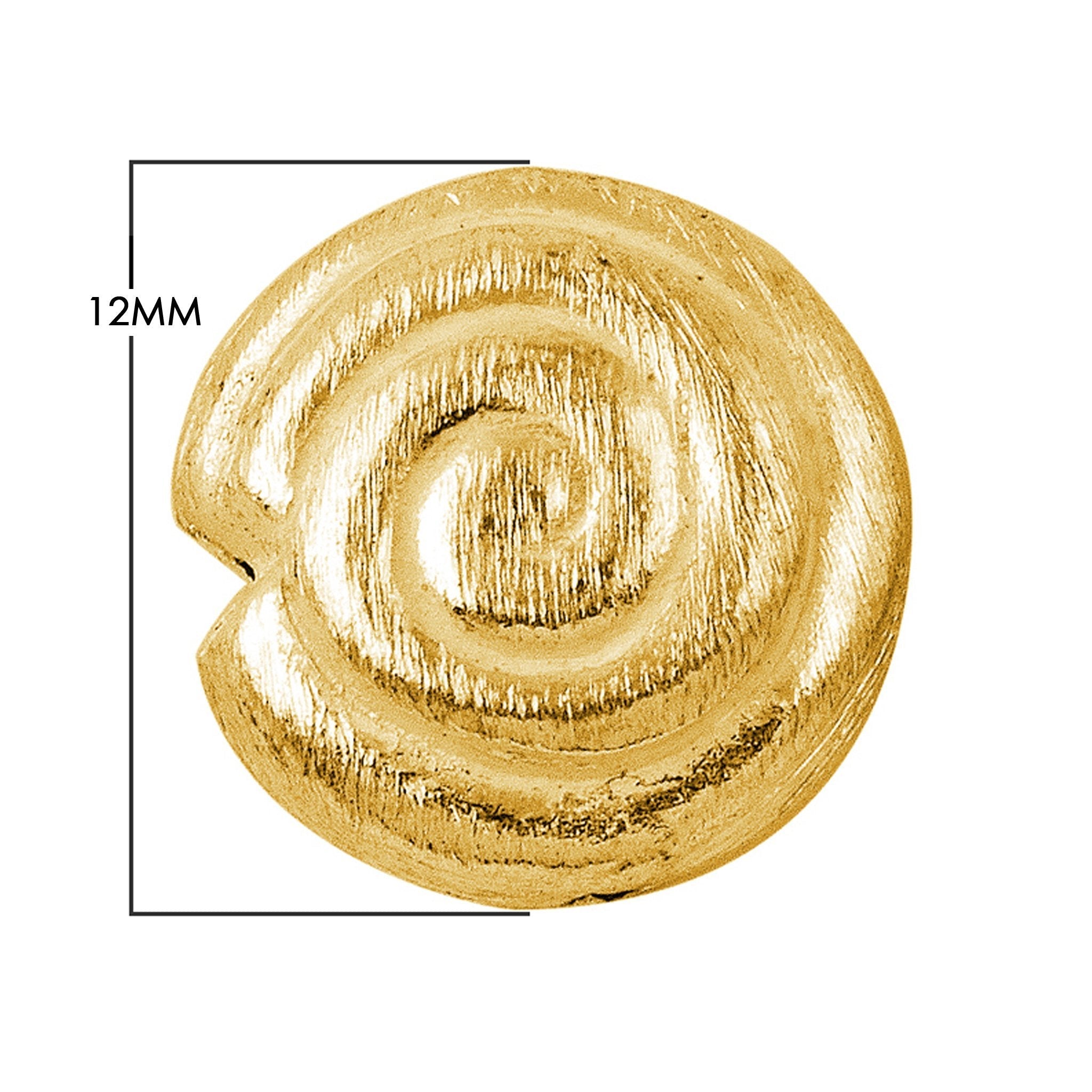 Handcrafted 18K gold overlay copper coin bead with brushed spiral design from India for jewelry making.