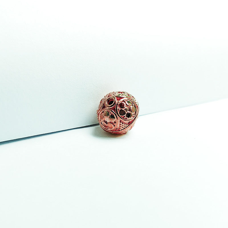 Decorative rose gold overlay copper filigree bead handcrafted in India for jewelry designs