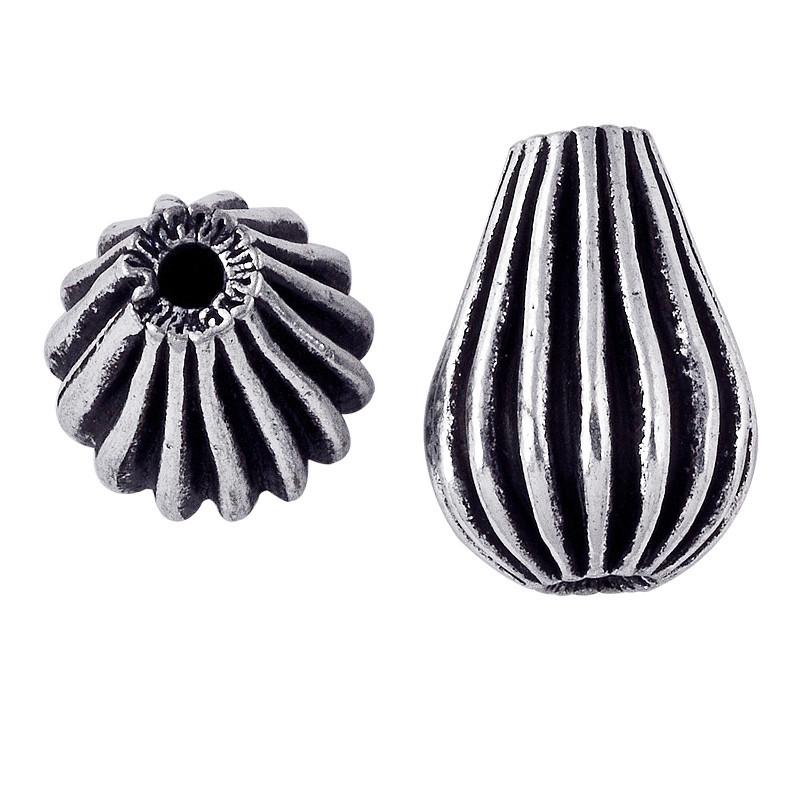 Silver ribbed drop copper bead handcrafted in India with antique finish and tapered shape