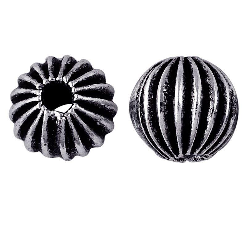 Silver ribbed round copper bead handcrafted in India with antique finish and textured surface