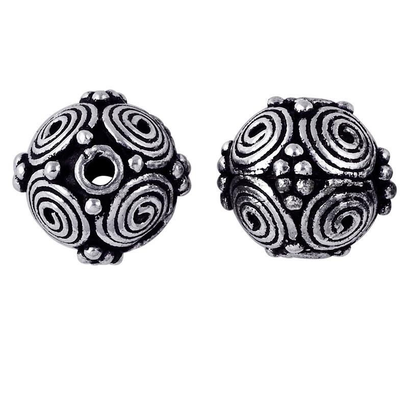 Silver spiral motif round copper bead handcrafted in India with antique finish and raised detailing