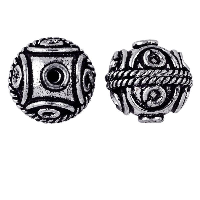 Handcrafted silver overlay round bead from India with oxidized finish and rope accent design for retail jewelry making