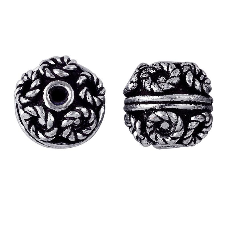 Handcrafted silver overlay round bead from India with oxidized finish and carved floral design for retail jewelry making