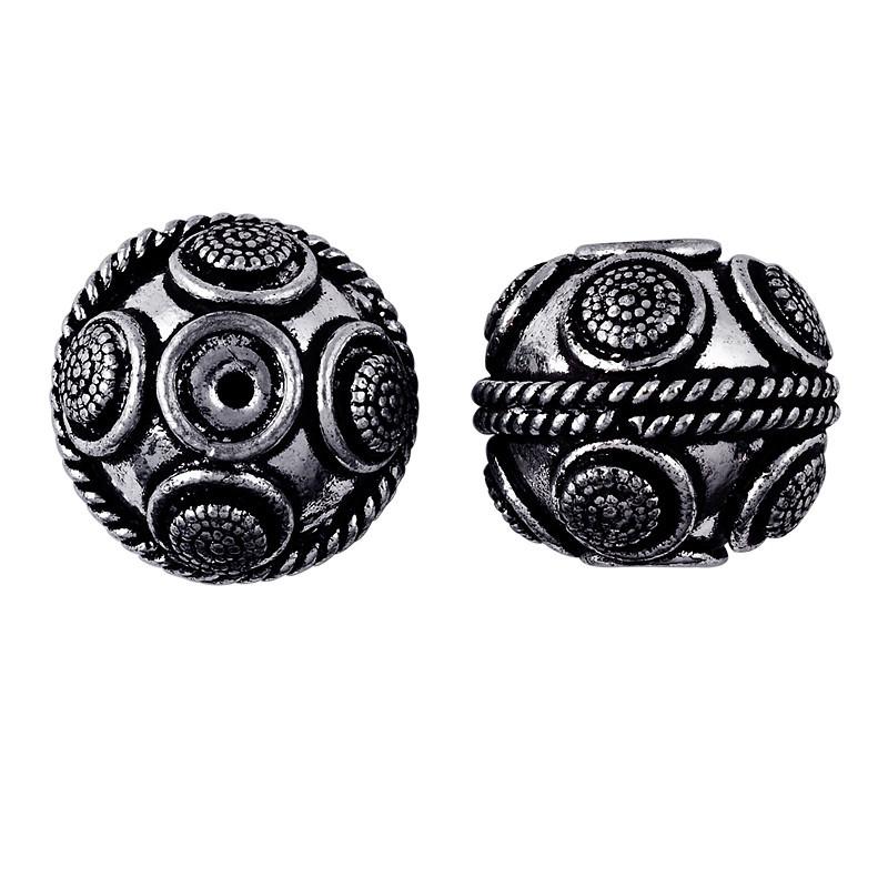 Handcrafted silver overlay round bead from India with oxidized finish and granulated disc design for retail jewelry making