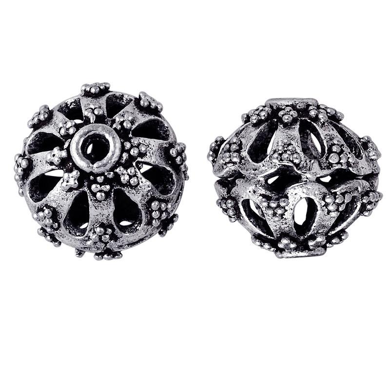 Handcrafted silver overlay round bead from India with oxidized finish and granulated openwork floral design for retail jewelry making