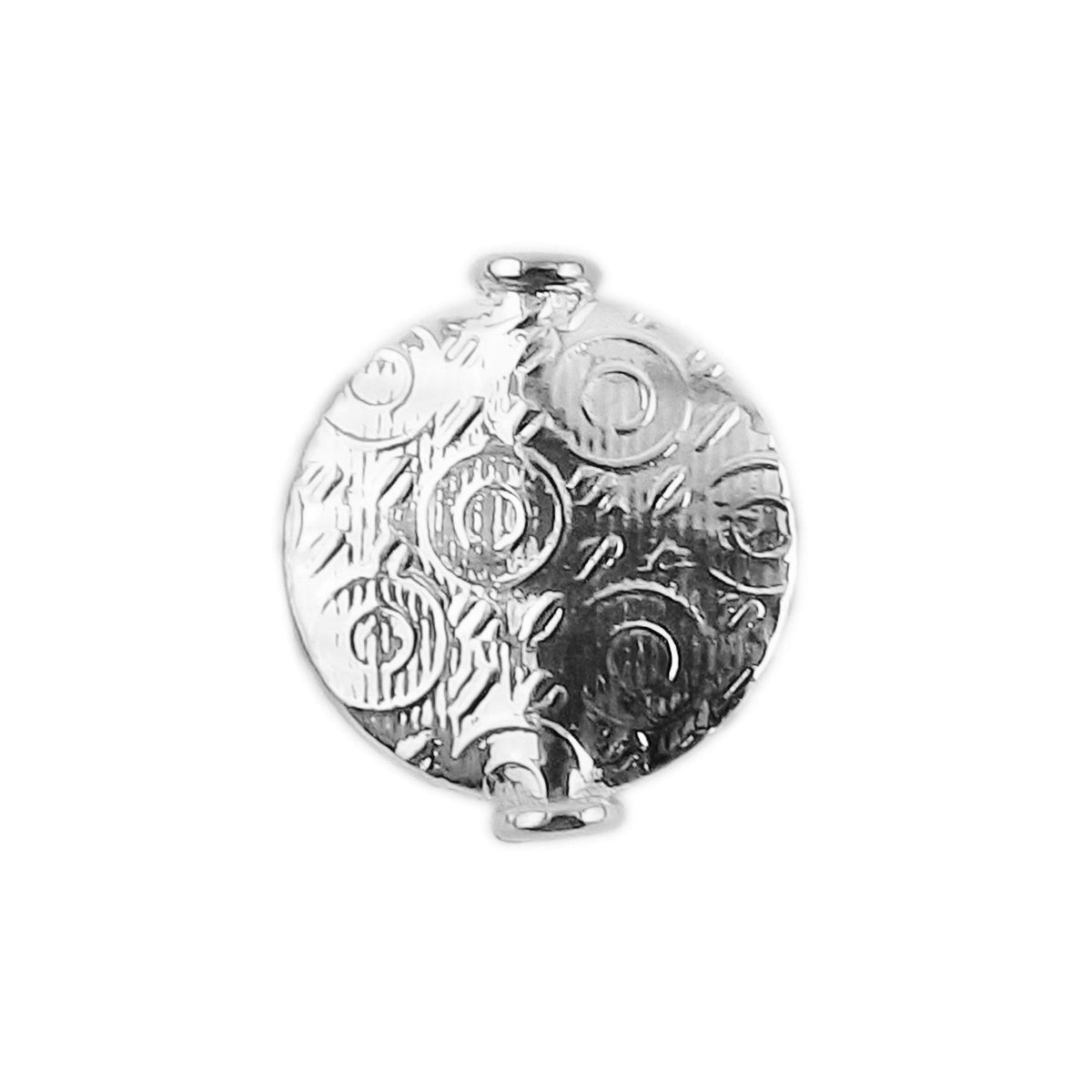 Single artisan handcrafted silver over copper coin bead with intricate circular engraving for jewelry making.