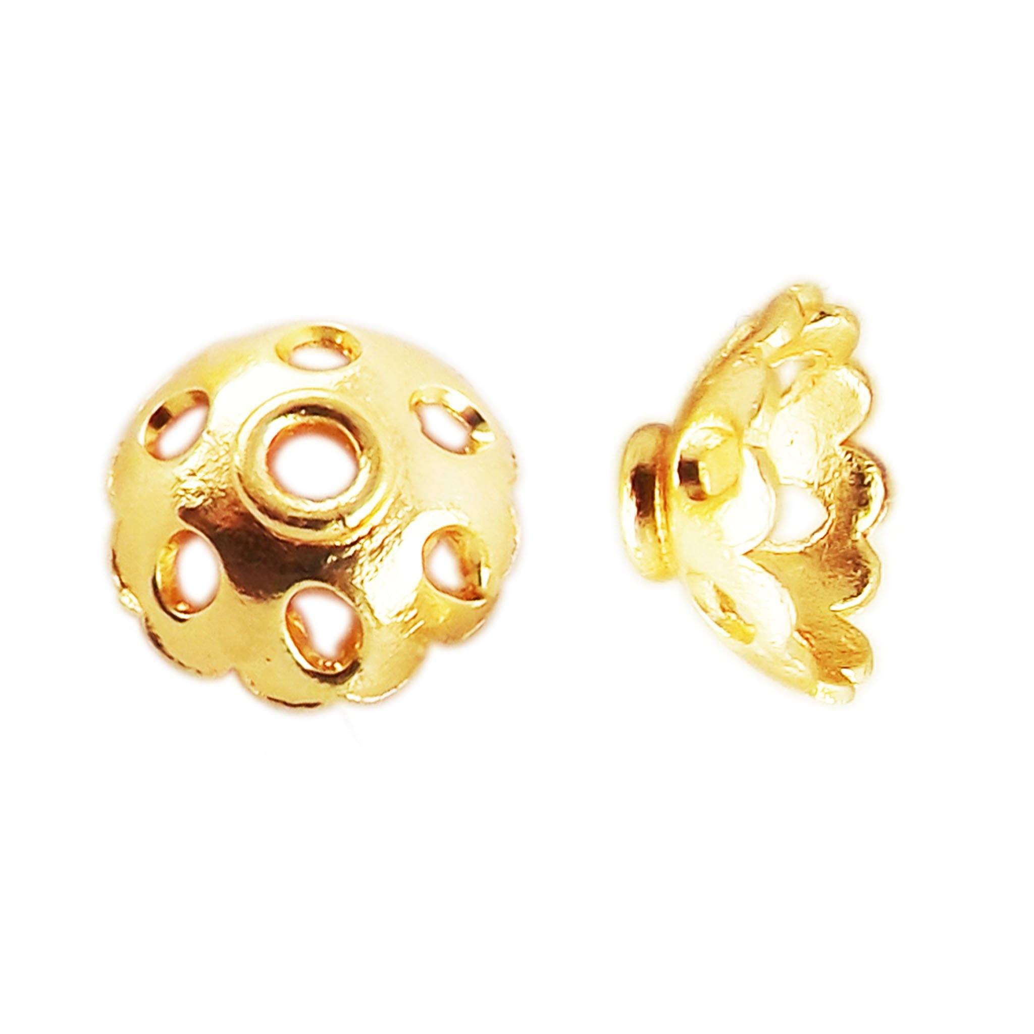 Elegant 18K Gold Overlay Over Copper perforated dome bead cap with circular cutouts, handcrafted artisan jewelry finding from India for necklaces and earrings