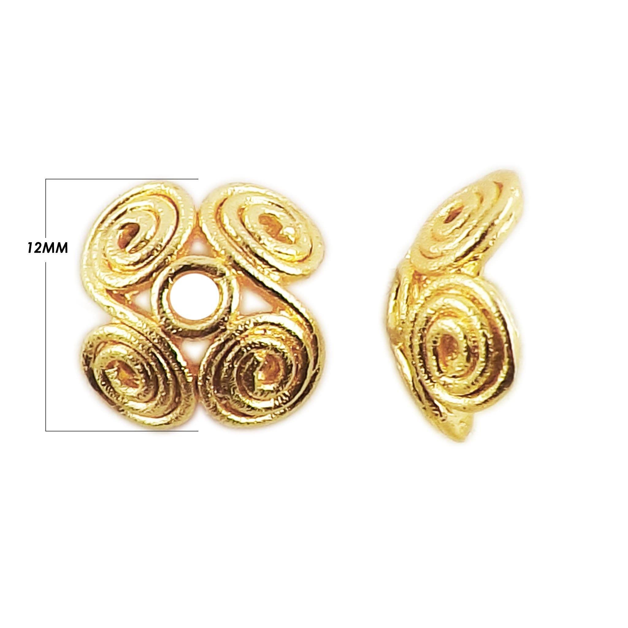 18K Gold Overlay Over Copper artistic spiral bead cap with decorative texture, handmade jewelry component from India.