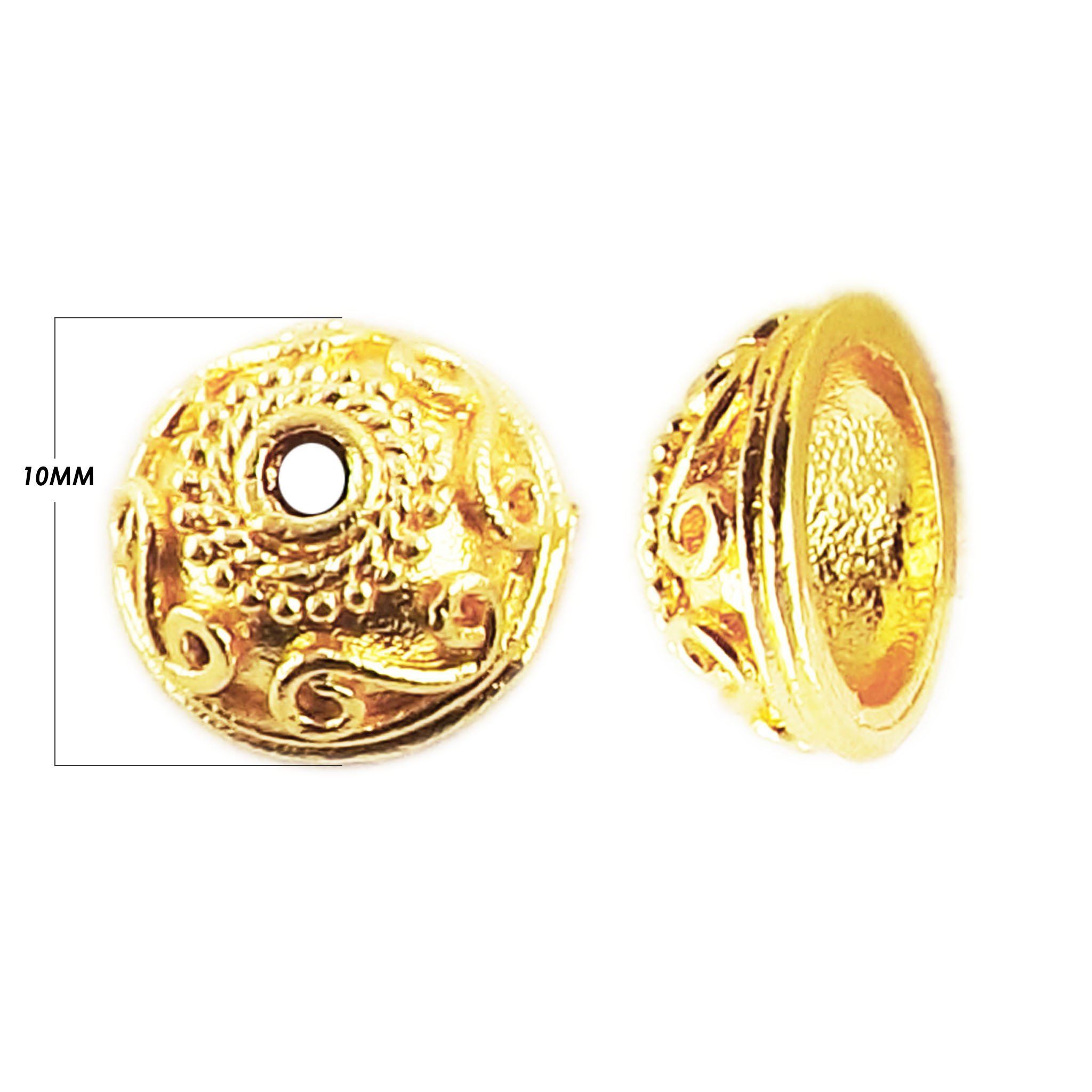 18K Gold Overlay Over Copper decorative scroll bead cap with engraved swirl pattern, handmade jewelry component from India.