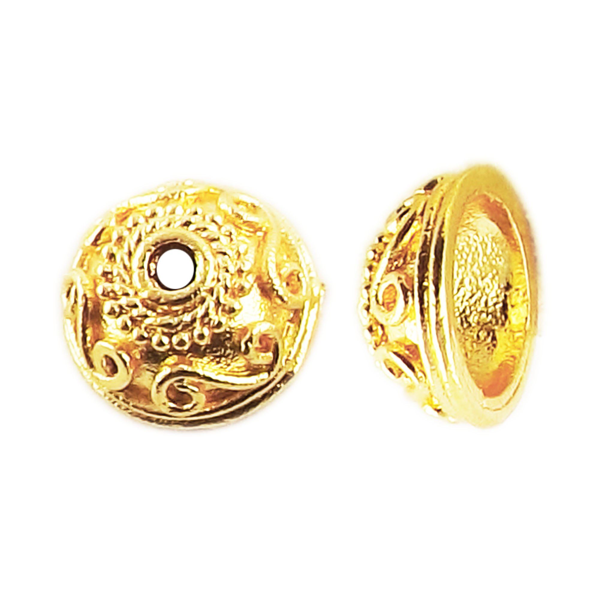 18K Gold Overlay Over Copper decorative scroll bead cap with engraved swirl pattern, handmade jewelry component from India.
