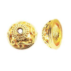 18K Gold Overlay Over Copper decorative scroll bead cap with engraved swirl pattern, handmade jewelry component from India.