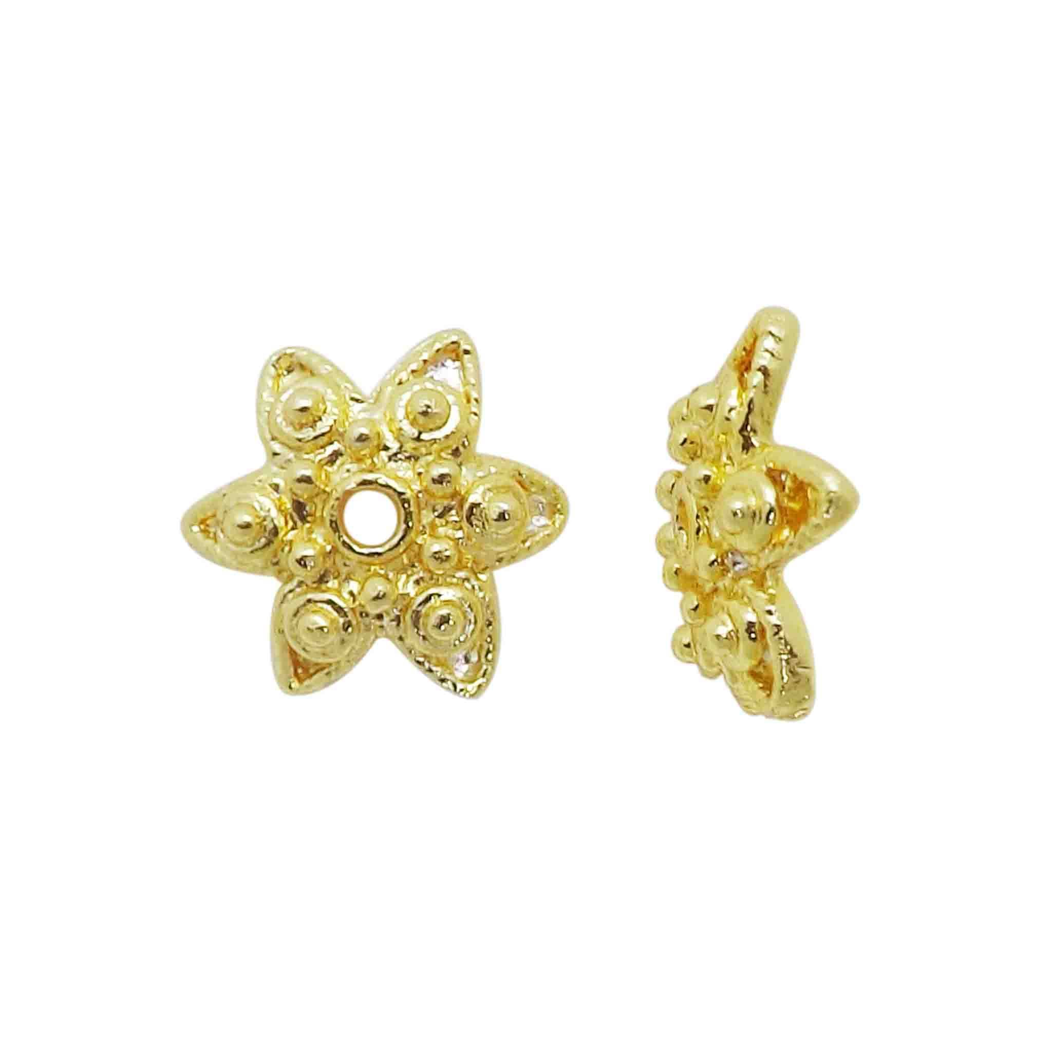 18K Gold Overlay Over Copper floral star bead cap with decorative detailing, handmade jewelry component from India.