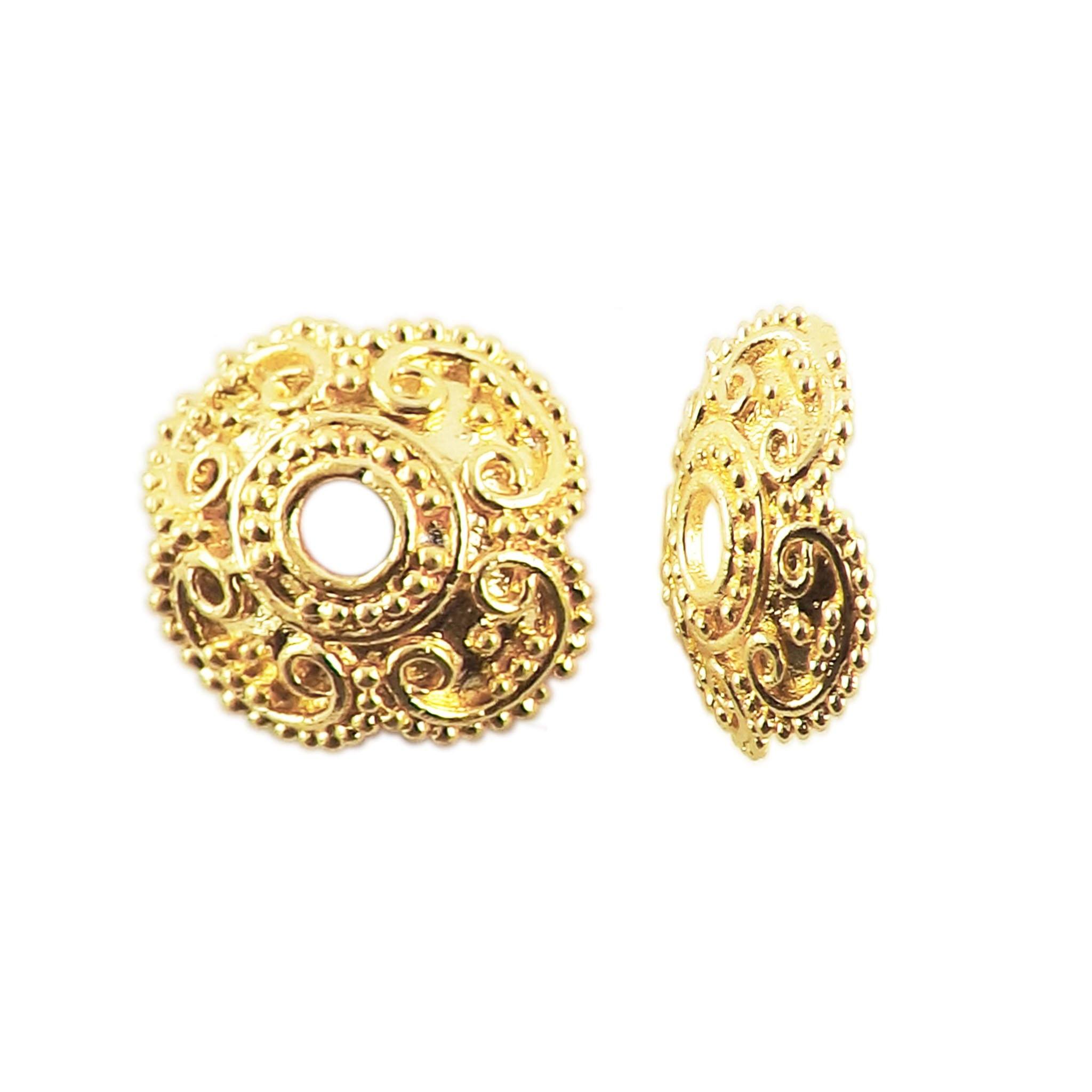 18K Gold Overlay Over Copper ornate scroll bead cap with vine detailing and beaded border, handmade jewelry component from India.