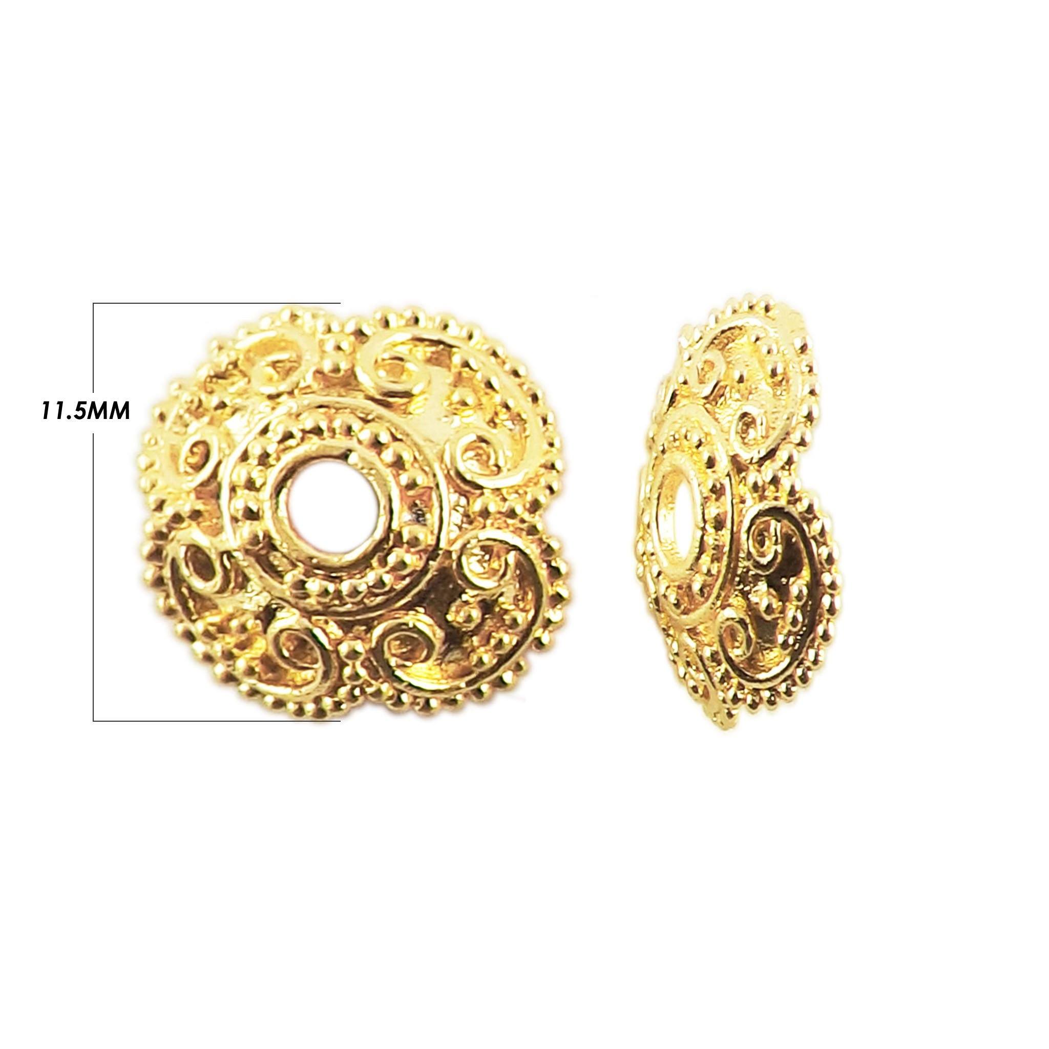 18K Gold Overlay Over Copper ornate scroll bead cap with vine detailing and beaded border, handmade jewelry component from India.