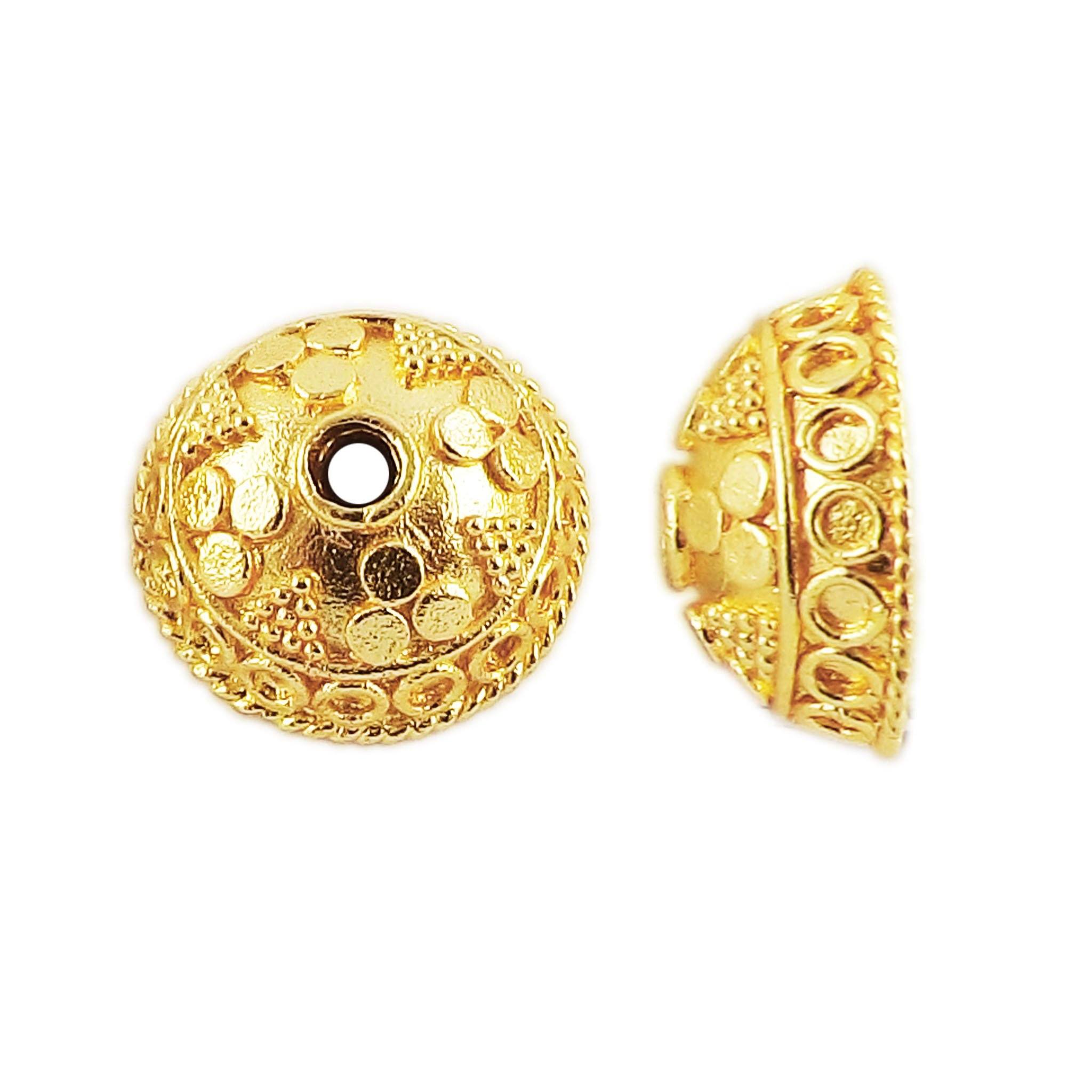 18K Gold Overlay Over Copper textured dome bead cap with hammered dot pattern, handmade jewelry making component from India.