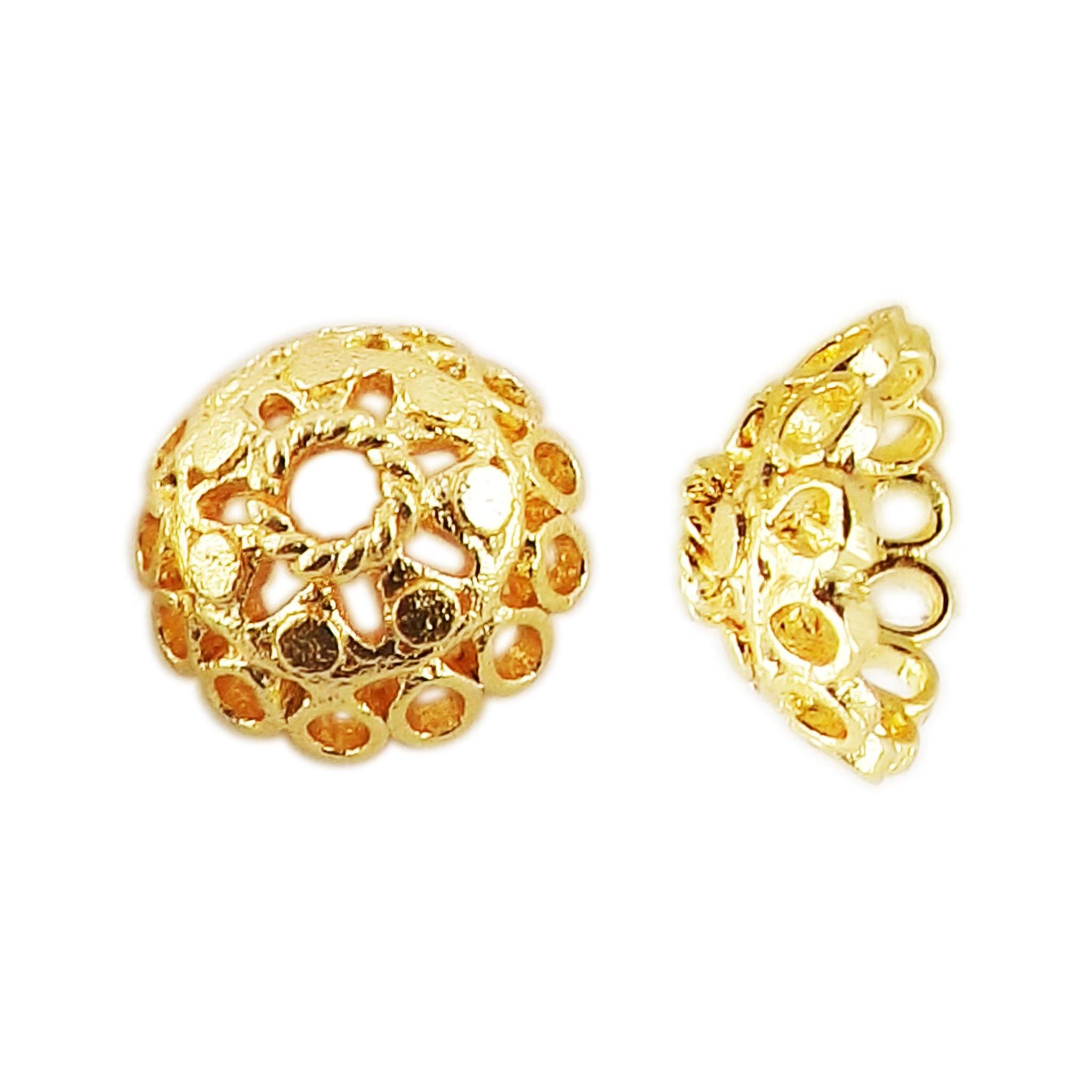 18K Gold Overlay Over Copper cutwork dome bead cap with circular open detailing, handmade jewelry making component from India.