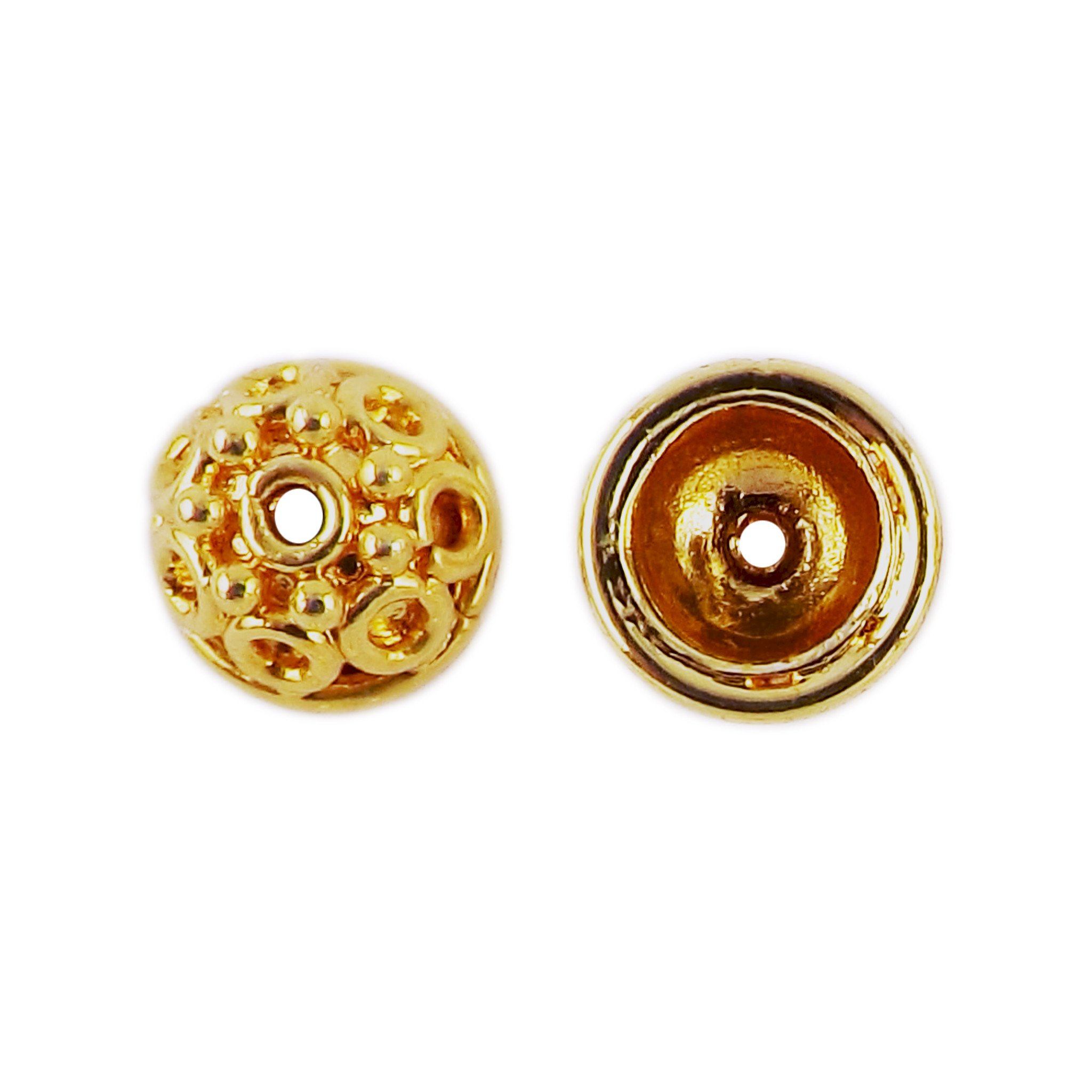 Round floral dome bead cap crafted with 18K Gold Overlay Over Copper, handcrafted in India, suitable for necklaces, earrings, and bracelets.