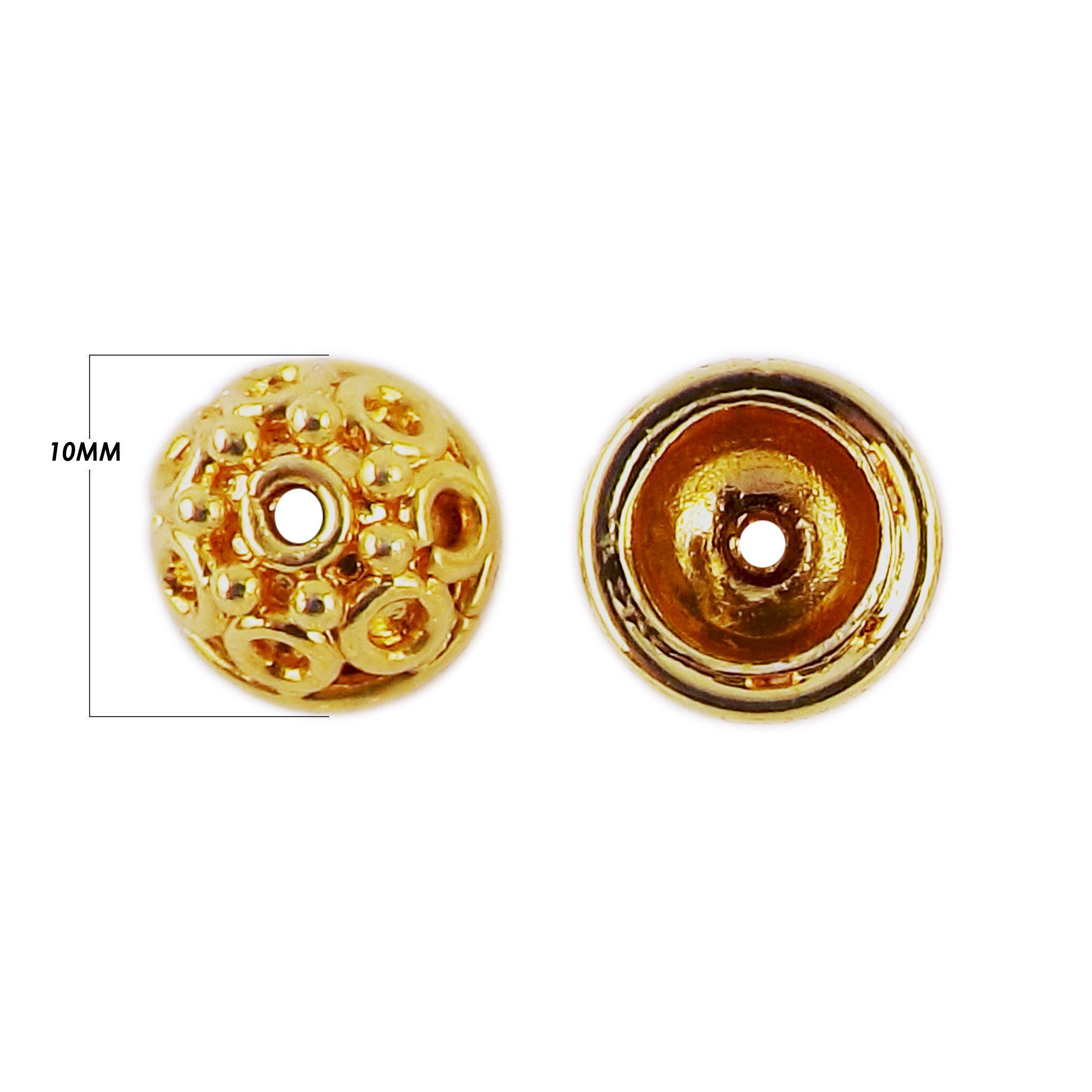 Round floral dome bead cap crafted with 18K Gold Overlay Over Copper, handcrafted in India, suitable for necklaces, earrings, and bracelets.