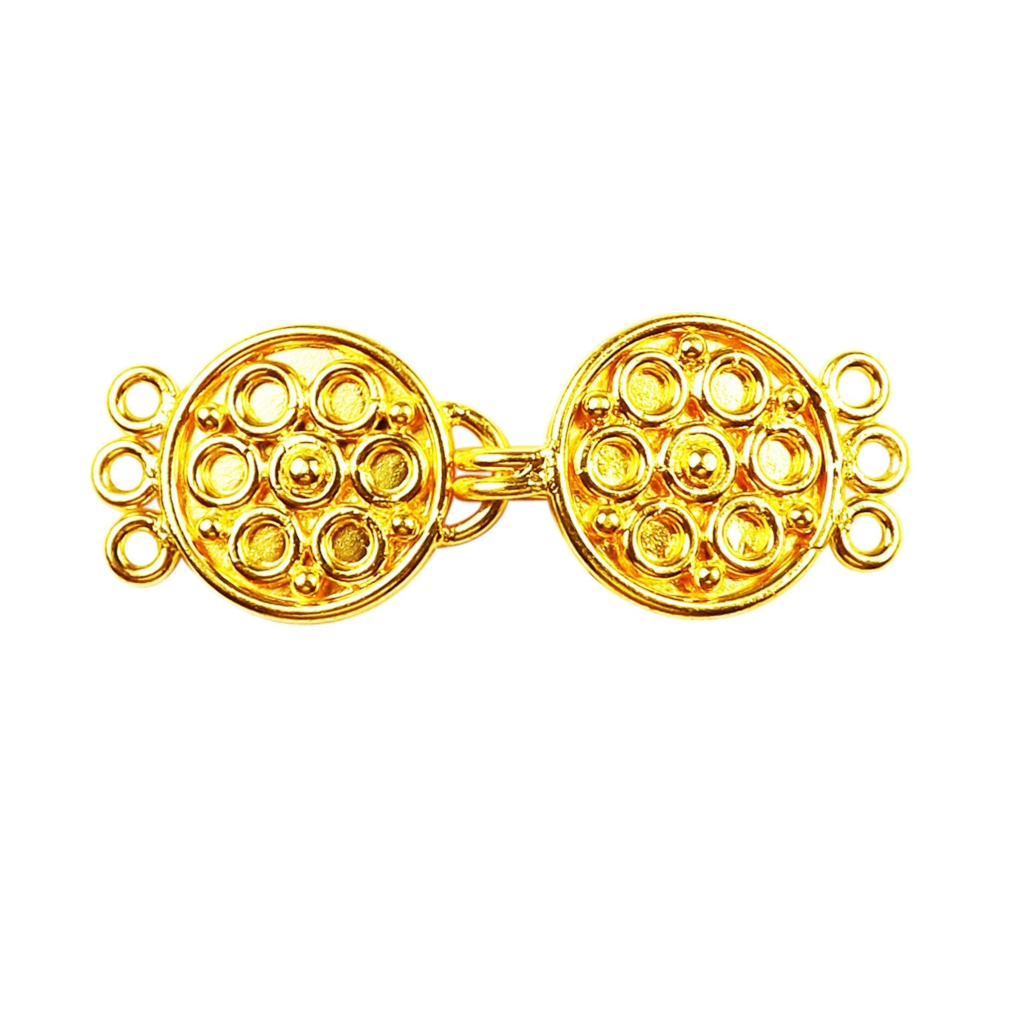 Elegant Double Disc Multi Strand Clasp With 3 Holes Handcrafted In India With 18K Gold Overlay Over Copper For Necklaces And Bracelets