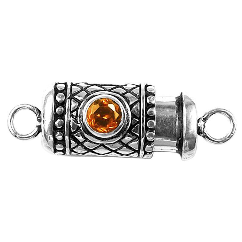 Silver Overlay Over Copper clasp with round amber-colored stone handcrafted in India with vintage oxidized detailing.