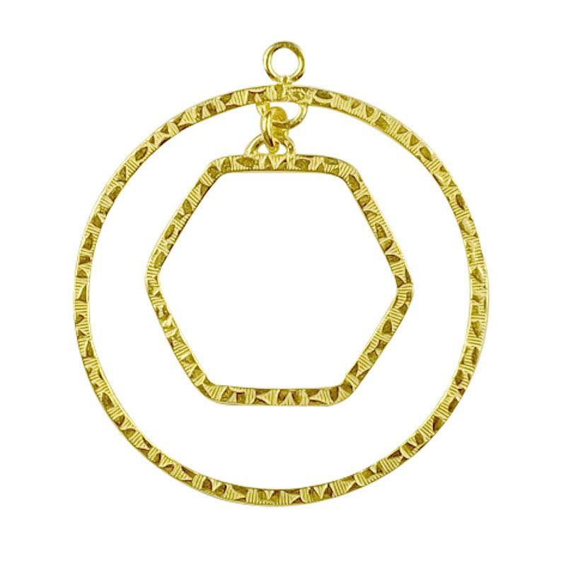 Chic 18K Gold Overlay India Circle And Hexagon Connector With Textured Design For Handcrafted Jewelry Handcrafted In India
