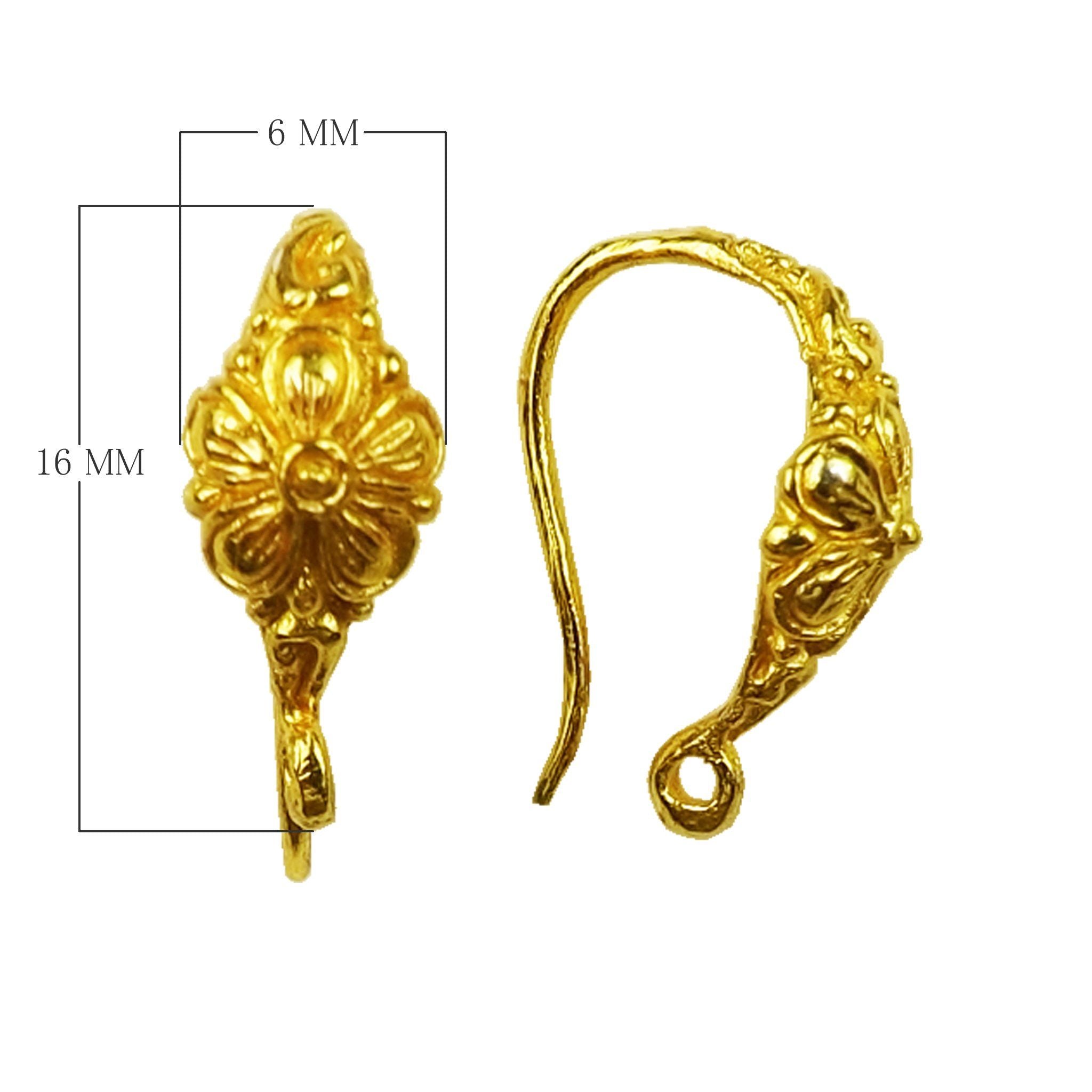 Handcrafted 18K Gold Overlay Floral Motif Hook Earwire Jewelry Connector From India