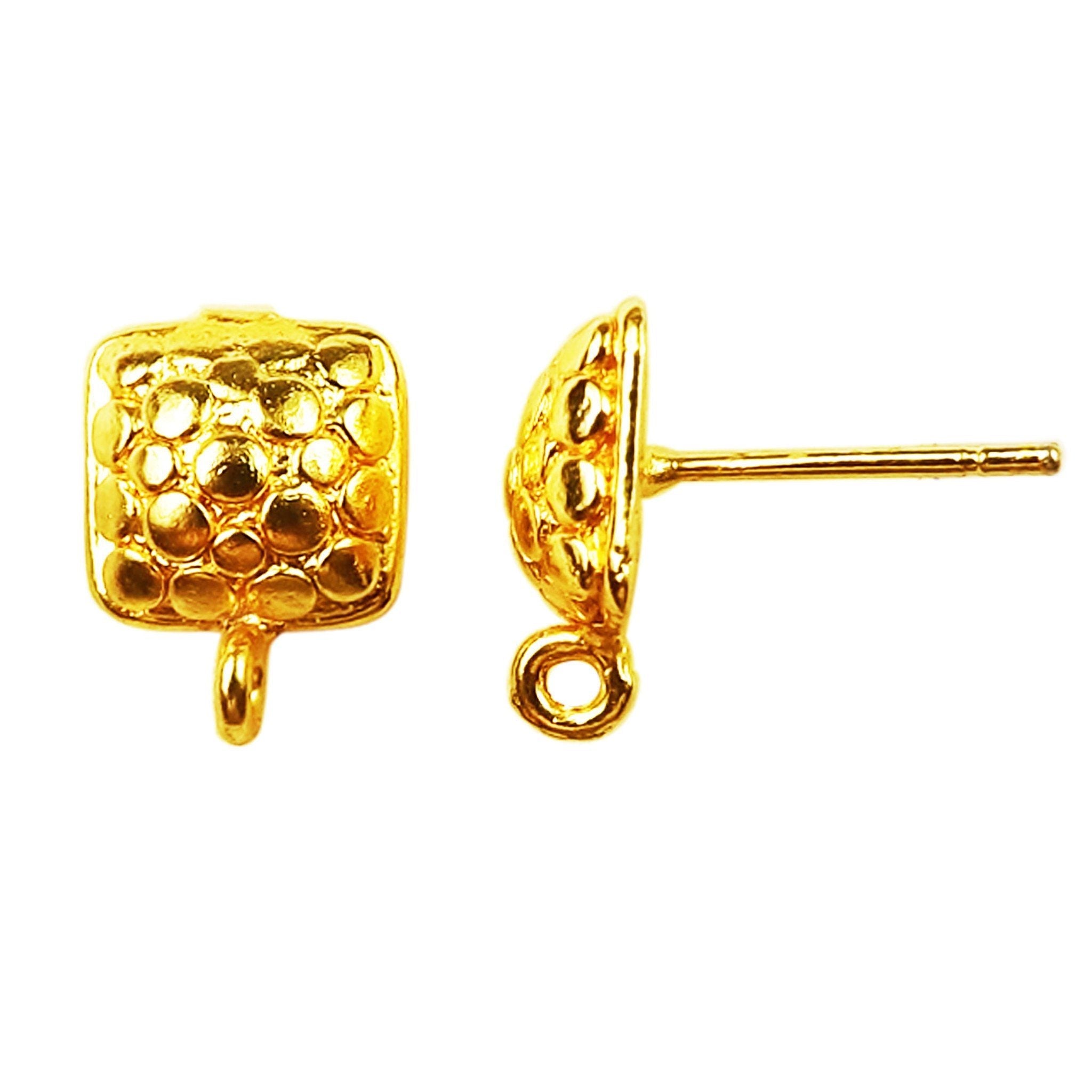 Handcrafted 18K Gold Overlay Square Honeycomb Stud Earwire Jewelry Connector From India