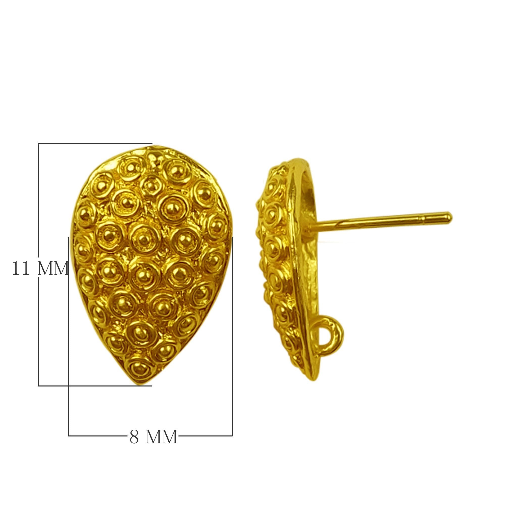 Handcrafted 18K Gold Overlay Teardrop Textured Stud Earwire Jewelry Connector From India