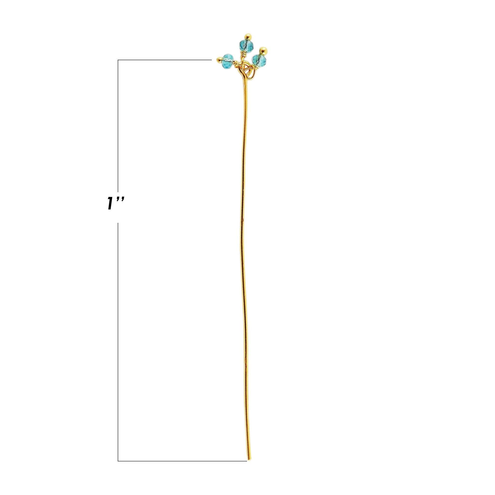 Artistic 18K gold overlay head pin with faceted blue crystal quartz beads handcrafted in India.