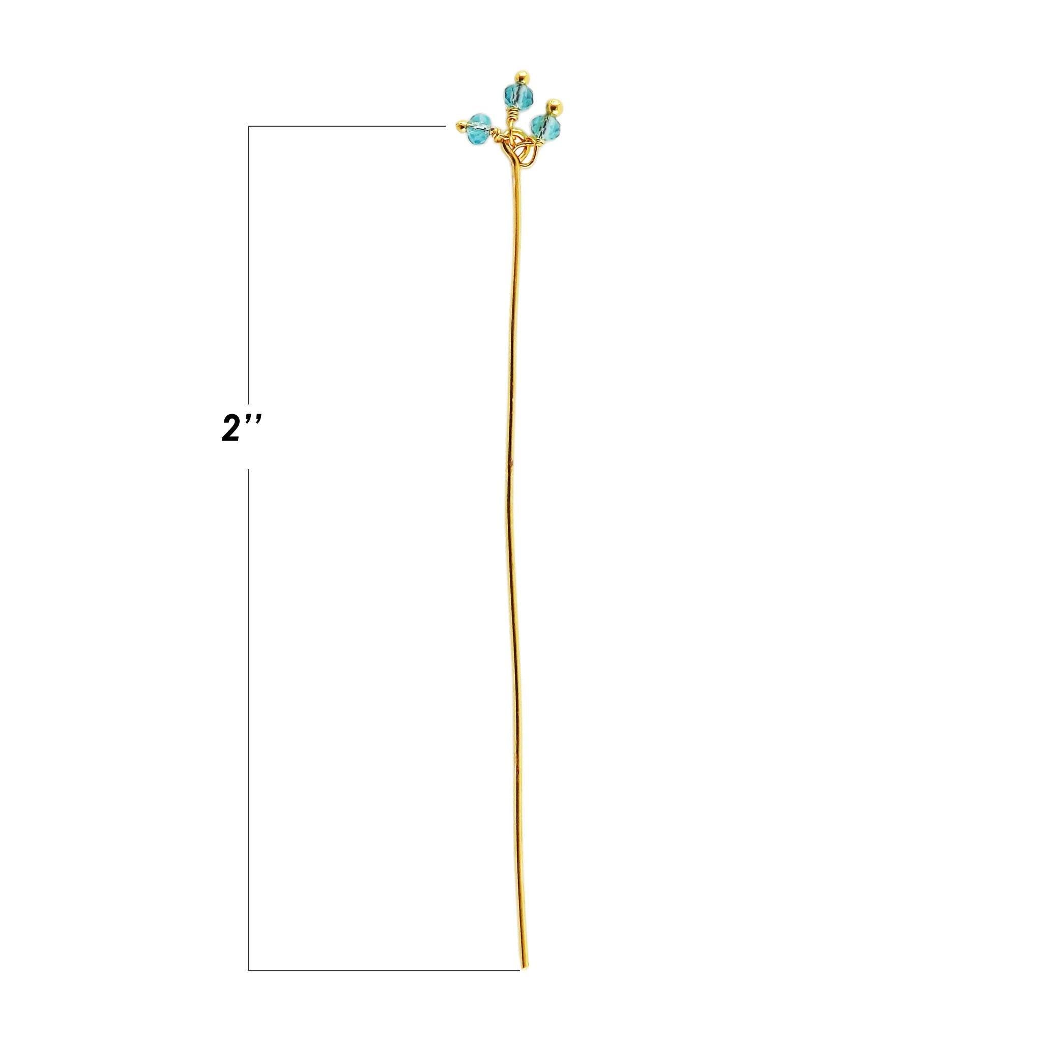 Artistic 18K gold overlay head pin with faceted blue crystal quartz beads handcrafted in India.