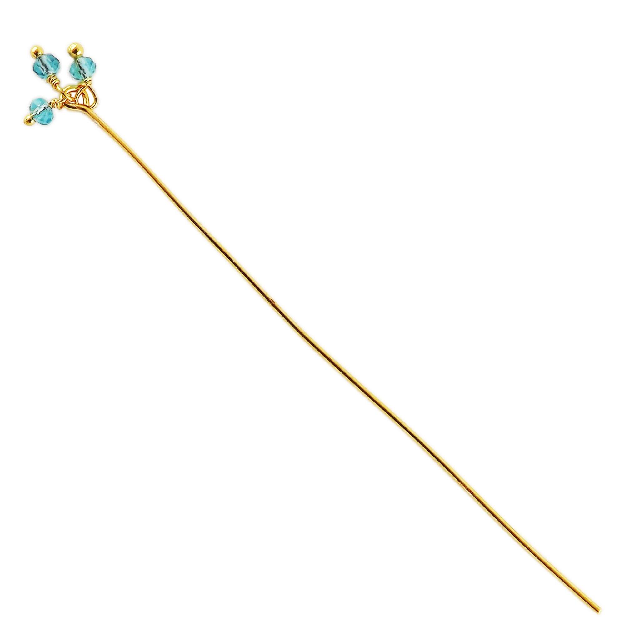 Artistic 18K gold overlay head pin with faceted blue crystal quartz beads handcrafted in India.