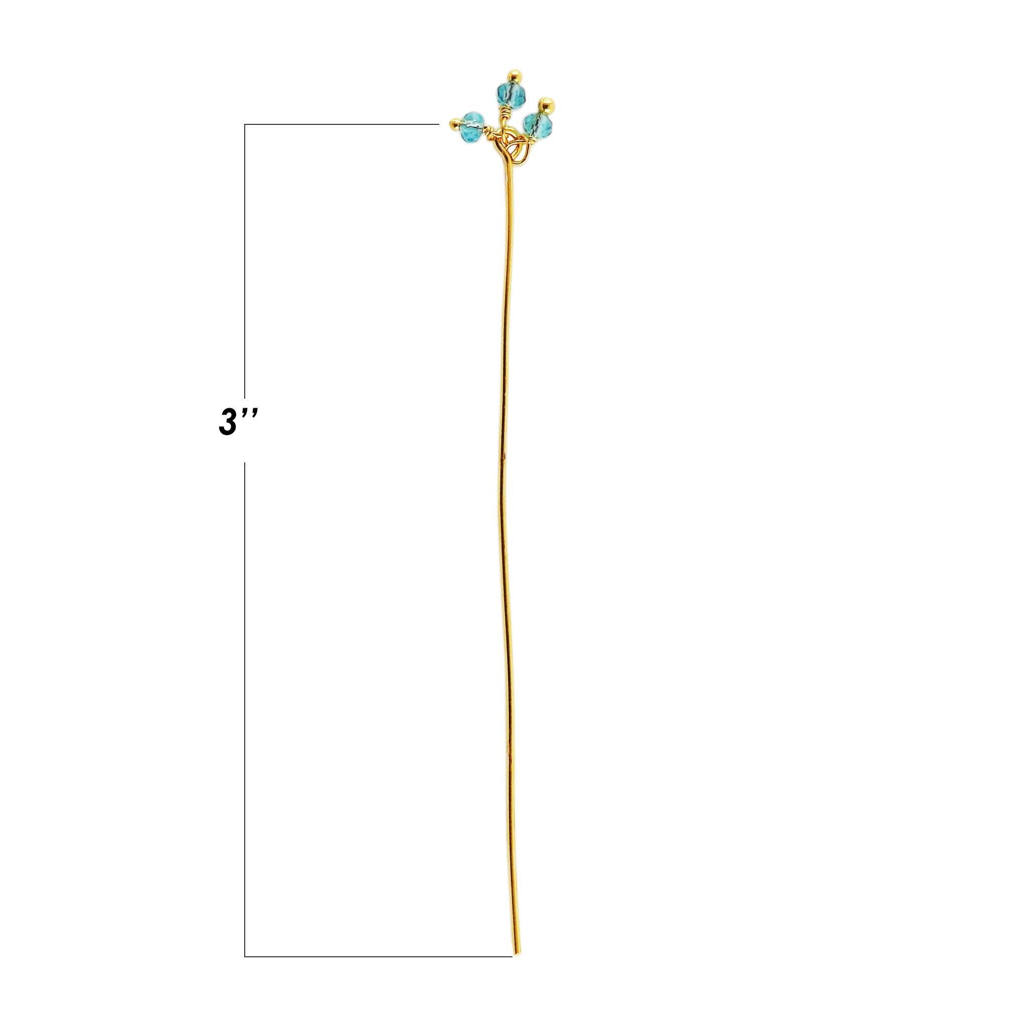 HPG-115-BT-3" 18K Gold Overlay 22 Gauge Head Pin Or Eye Pin With Granulated Bunch of Three 3MM Blue Crystal Quartz Beads Bali Designs Inc 