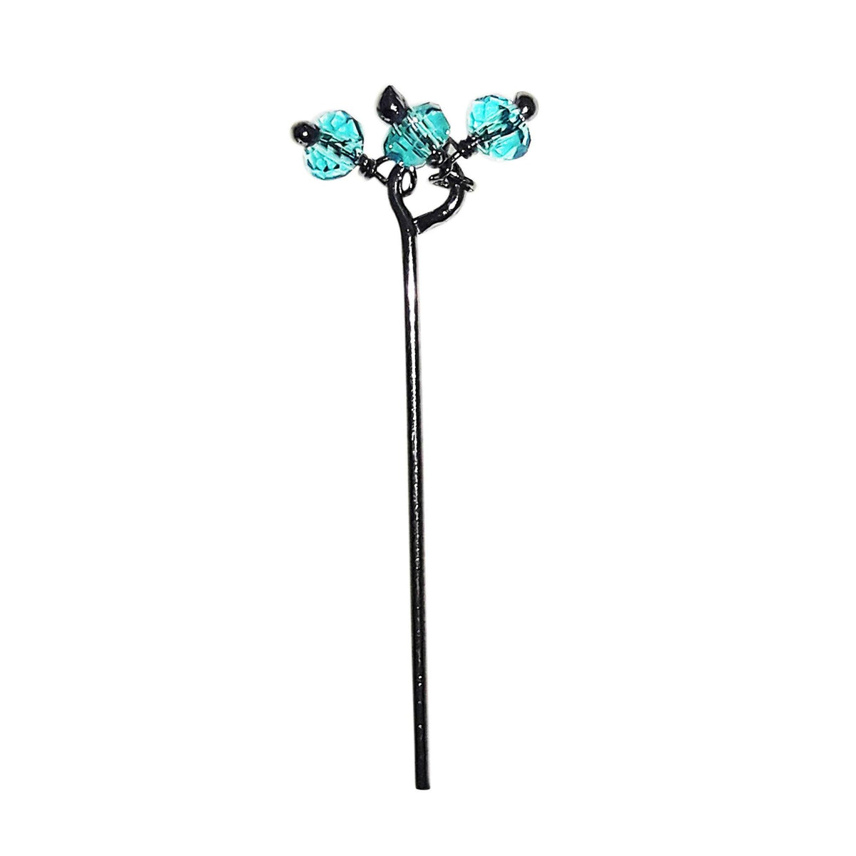 India handcrafted blue crystal quartz cluster pin with black rhodium overlay over copper for retail jewelry crafting.