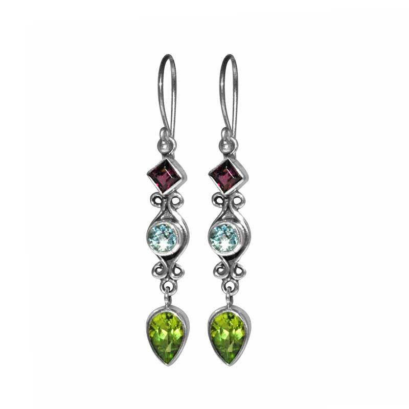 NKE-1103-CO1 Sterling Silver Earring With Garnet, Blue Topaz, Peridot Jewelry Bali Designs Inc 