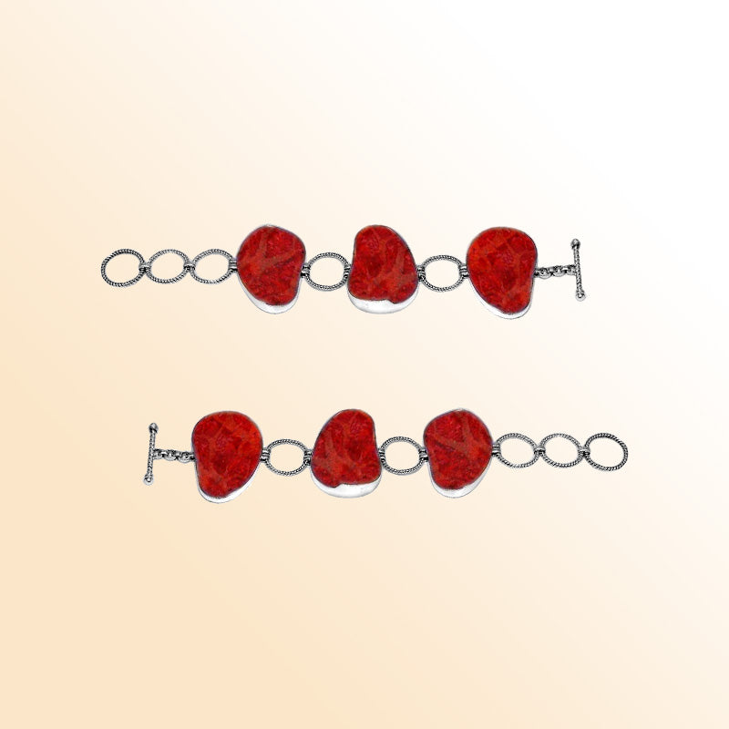 Sterling Silver Bracelet With Organic Red Coral And Textured Links