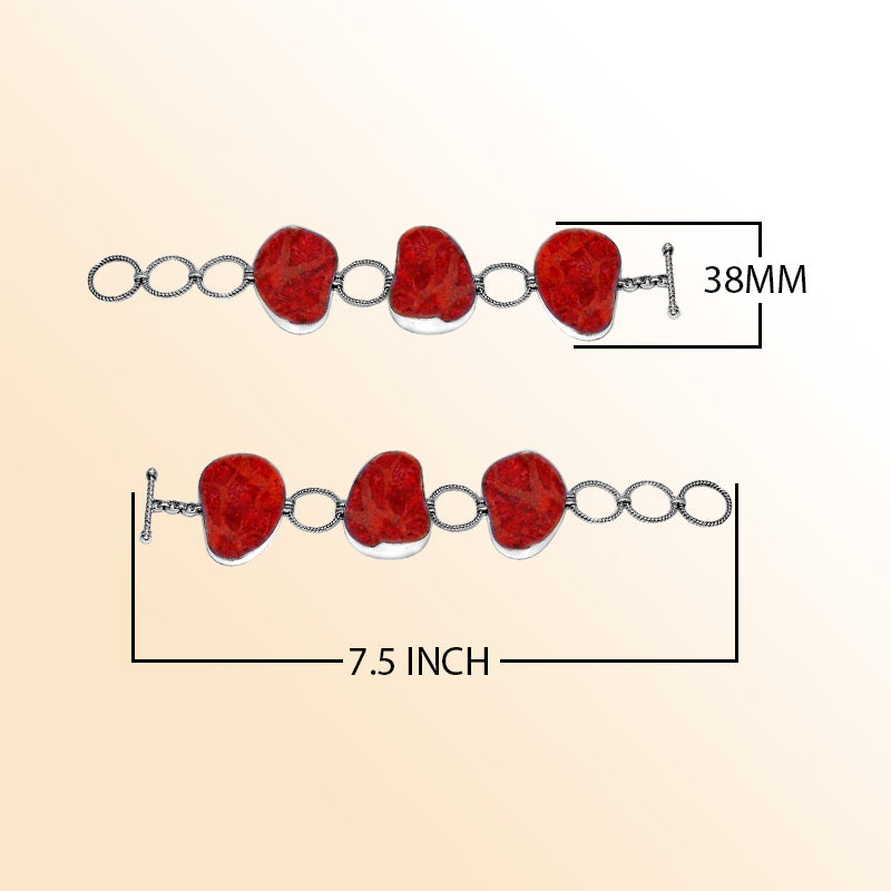 Sterling Silver Bracelet With Organic Red Coral And Textured Links