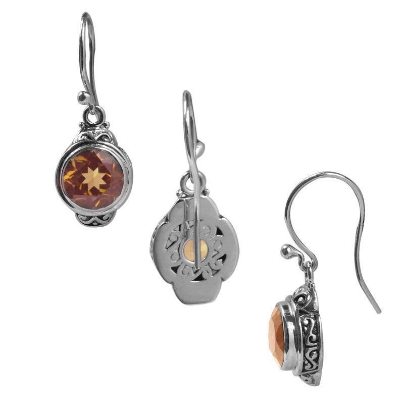 Handcrafted Sterling Silver Citrine Quartz Round Hook Earrings With Balinese Design