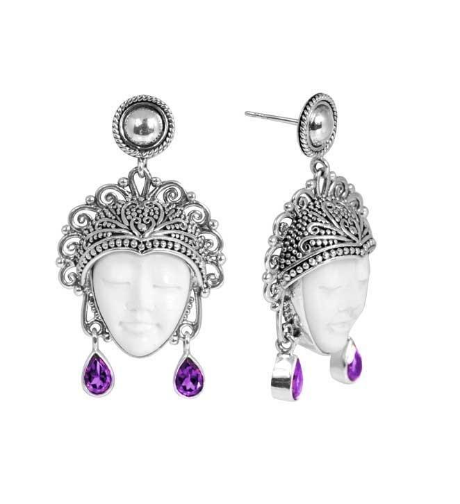 SE-5638-CO1 Sterling Silver Earring With Bone Face, Amethyst Jewelry Bali Designs Inc 