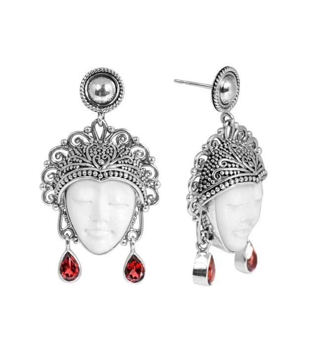 SE-5638-CO3 Sterling Silver Earring With Bone Face, Garnet Jewelry Bali Designs Inc 
