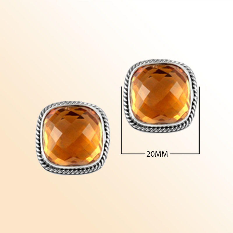 Handcrafted Sterling Silver Cushion Stud Earrings With Citrine Quartz