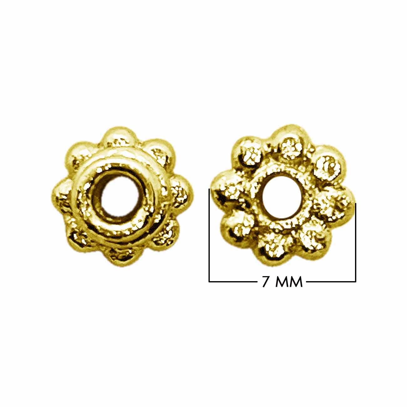 18K gold overlay over copper daisy spacer beads handcrafted in India with smooth polished floral design.